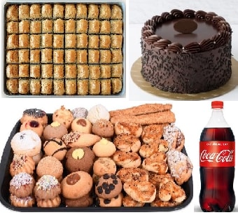 Dörtlü Kutlama Paketi: Çikolatalı Pasta Baklava Kuru Pasta ve Kola pasta